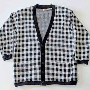 JANEVE Vintage 90s Black & White Gingham Check Cardigan Sweater L